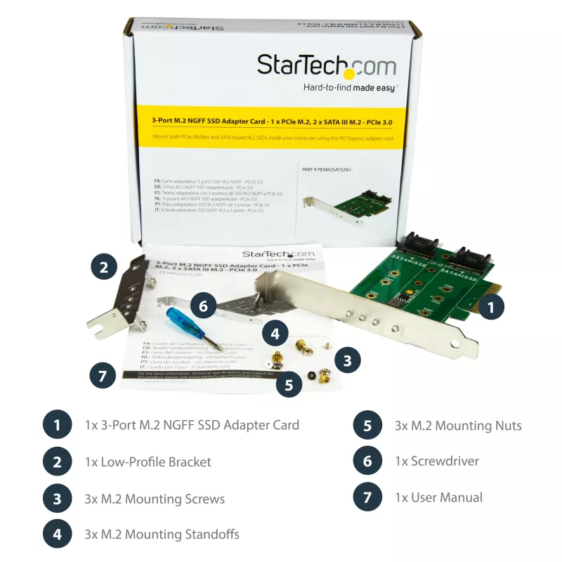 StarTech.com 3-portová M.2 SSD (NGFF) adaptérová karta – 1 x PCIe (NVMe) M.2, 2 x SATA III M.2 – PCIe 3.0