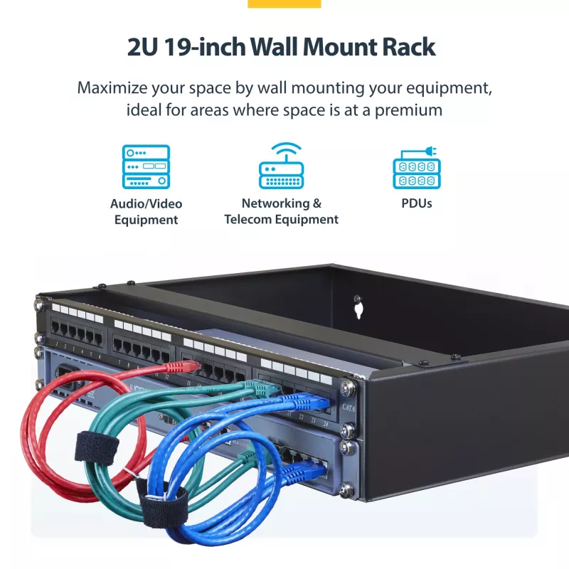 StarTech.com RACK-2U-14-BRACKET 2U 19-palcový nástenný sieťový rack, hĺbka 14 palcov (nízky profil), držiak na patch panel, nosnosť 35 kg (77 lbs), čierny