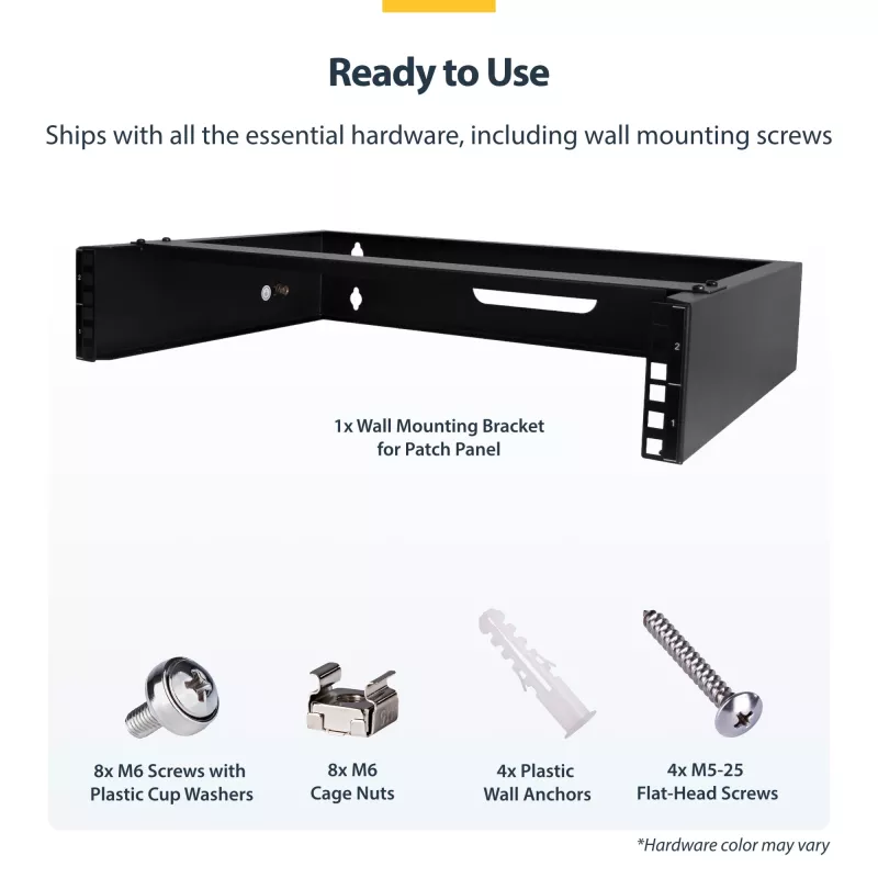 StarTech.com RACK-2U-14-BRACKET 2U 19-palcový nástenný sieťový rack, hĺbka 14 palcov (nízky profil), držiak na patch panel, nosnosť 35 kg (77 lbs), čierny