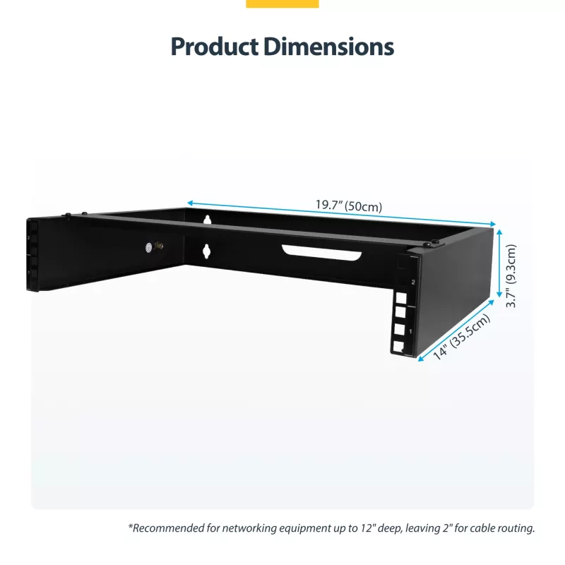 StarTech.com RACK-2U-14-BRACKET 2U 19-palcový nástenný sieťový rack, hĺbka 14 palcov (nízky profil), držiak na patch panel, nosnosť 35 kg (77 lbs), čierny