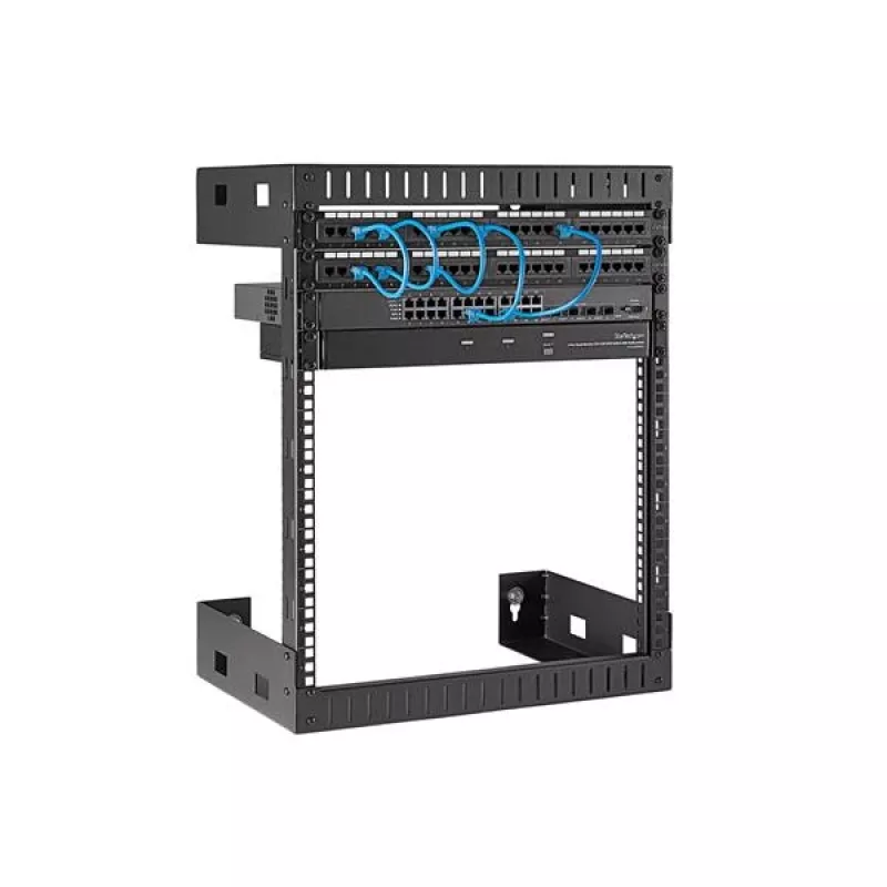 StarTech.com 12HE 19 inch nástenná montážna sieťová skriňa – 12 inch hĺbka 2-stĺpiková open-frame serverová skriňa pre dátové/AV/IT/počítačové zariadenia/patch panel s klietkovými maticami a skrutkami 90 kg nosnosť, čierna (RK12WALLO)