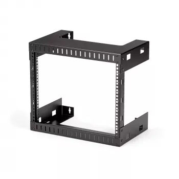 StarTech.com 8U 19-palcový nástenný sieťový rack – 12-palcový hĺbkový 2-stĺpikový open-frame serverový rack pre dátové/AV/IT/počítačové zariadenia/patch panel s klietkovými maticami a skrutkami, 135 lb nosnosť, čierna (RK812WALLO)