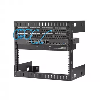 StarTech.com 8U 19-palcový nástenný sieťový rack – 12-palcový hĺbkový 2-stĺpikový open-frame serverový rack pre dátové/AV/IT/počítačové zariadenia/patch panel s klietkovými maticami a skrutkami, 135 lb nosnosť, čierna (RK812WALLO)