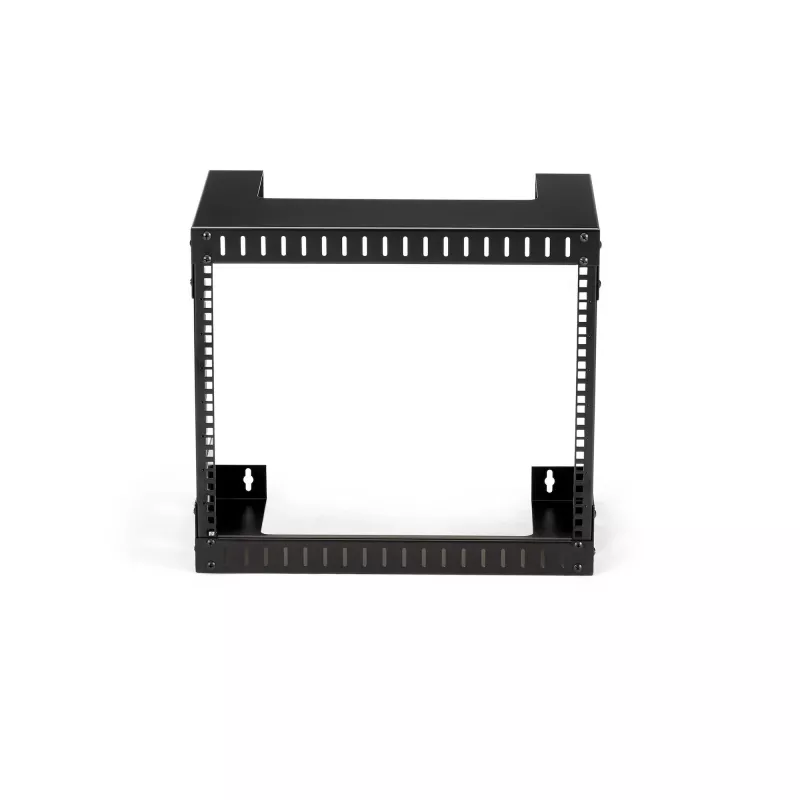 StarTech.com 8U 19-palcový nástenný sieťový rack – 12-palcový hĺbkový 2-stĺpikový open-frame serverový rack pre dátové/AV/IT/počítačové zariadenia/patch panel s klietkovými maticami a skrutkami, 135 lb nosnosť, čierna (RK812WALLO)