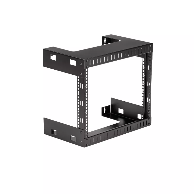 StarTech.com 8U 19-palcový nástenný sieťový rack – 12-palcový hĺbkový 2-stĺpikový open-frame serverový rack pre dátové/AV/IT/počítačové zariadenia/patch panel s klietkovými maticami a skrutkami, 135 lb nosnosť, čierna (RK812WALLO)