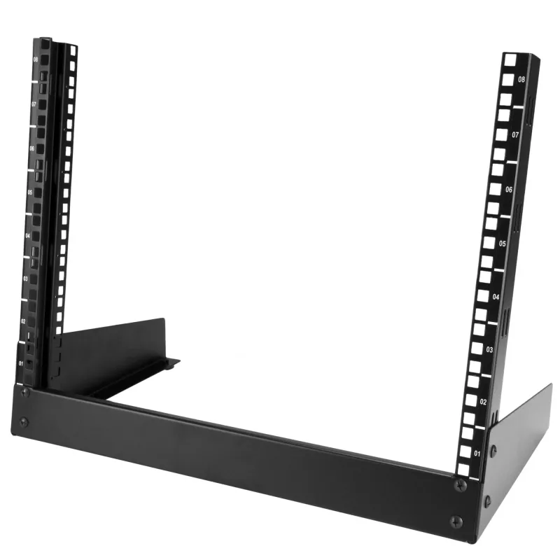 StarTech.com 2-post 8U stolný serverový rack, malý open-frame 19-palcový počítačový rack, kompaktný sieťový rack pre AV/štúdiové/dátové/IT zariadenia – samostatný dvojstĺpikový rack pre domácnosť/kanceláriu