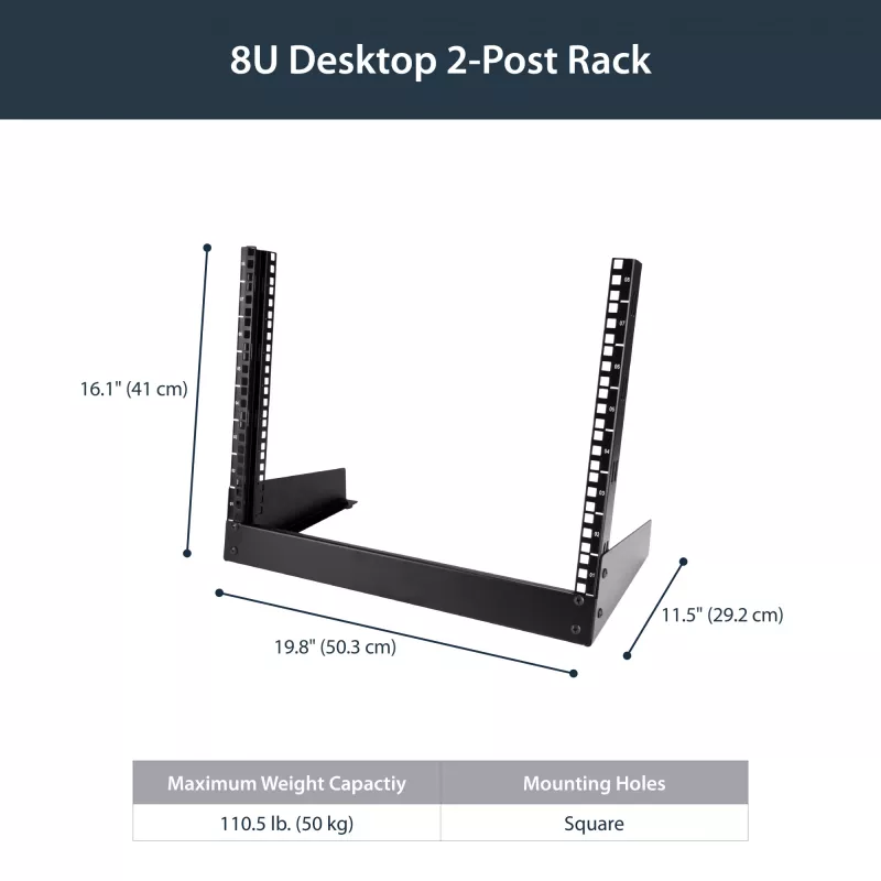 StarTech.com 2-post 8U stolný serverový rack, malý open-frame 19-palcový počítačový rack, kompaktný sieťový rack pre AV/štúdiové/dátové/IT zariadenia – samostatný dvojstĺpikový rack pre domácnosť/kanceláriu