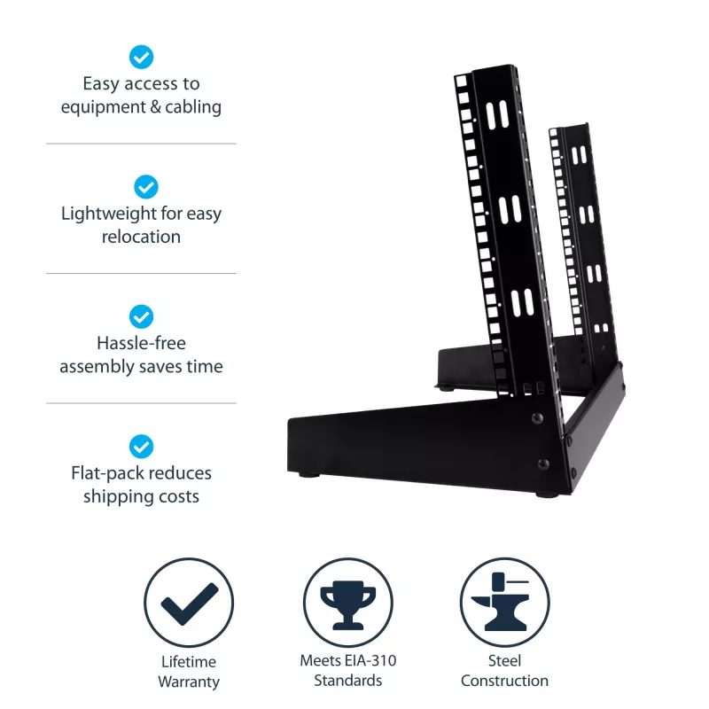 StarTech.com 2-post 8U stolný serverový rack, malý open-frame 19-palcový počítačový rack, kompaktný sieťový rack pre AV/štúdiové/dátové/IT zariadenia – samostatný dvojstĺpikový rack pre domácnosť/kanceláriu