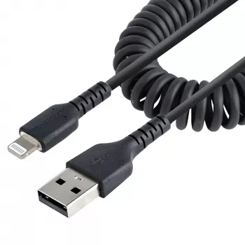 StarTech.com 1m (3ft) USB na Lightning kábel, MFi certifikovaný, špirálový nabíjací kábel pre iPhone, čierny, odolný TPE plášť aramidové vlákno, robustný špirálový kábel Lightning