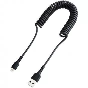 StarTech.com 1m (3ft) USB na Lightning kábel, MFi certifikovaný, špirálový nabíjací kábel pre iPhone, čierny, odolný TPE plášť aramidové vlákno, robustný špirálový kábel Lightning