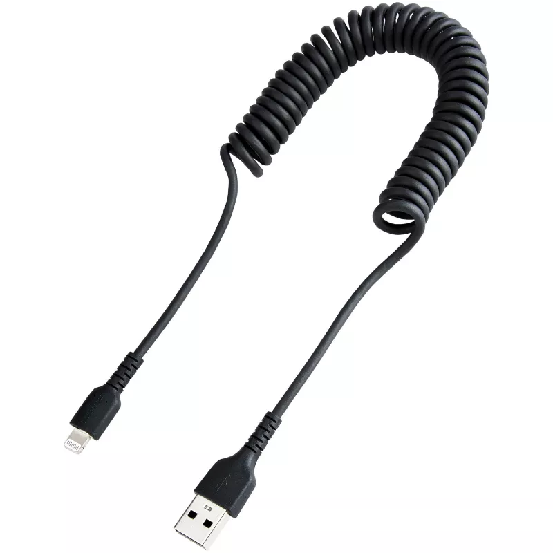 StarTech.com 1m (3ft) USB na Lightning kábel, MFi certifikovaný, špirálový nabíjací kábel pre iPhone, čierny, odolný TPE plášť aramidové vlákno, robustný špirálový kábel Lightning