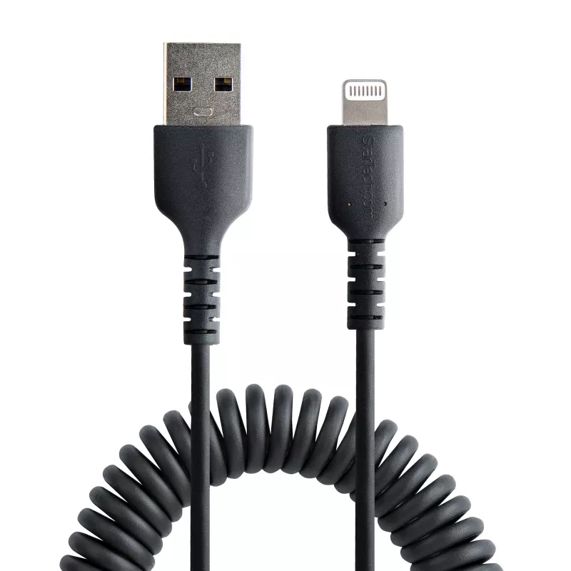 StarTech.com 1m (3ft) USB na Lightning kábel, MFi certifikovaný, špirálový nabíjací kábel pre iPhone, čierny, odolný TPE plášť aramidové vlákno, robustný špirálový kábel Lightning