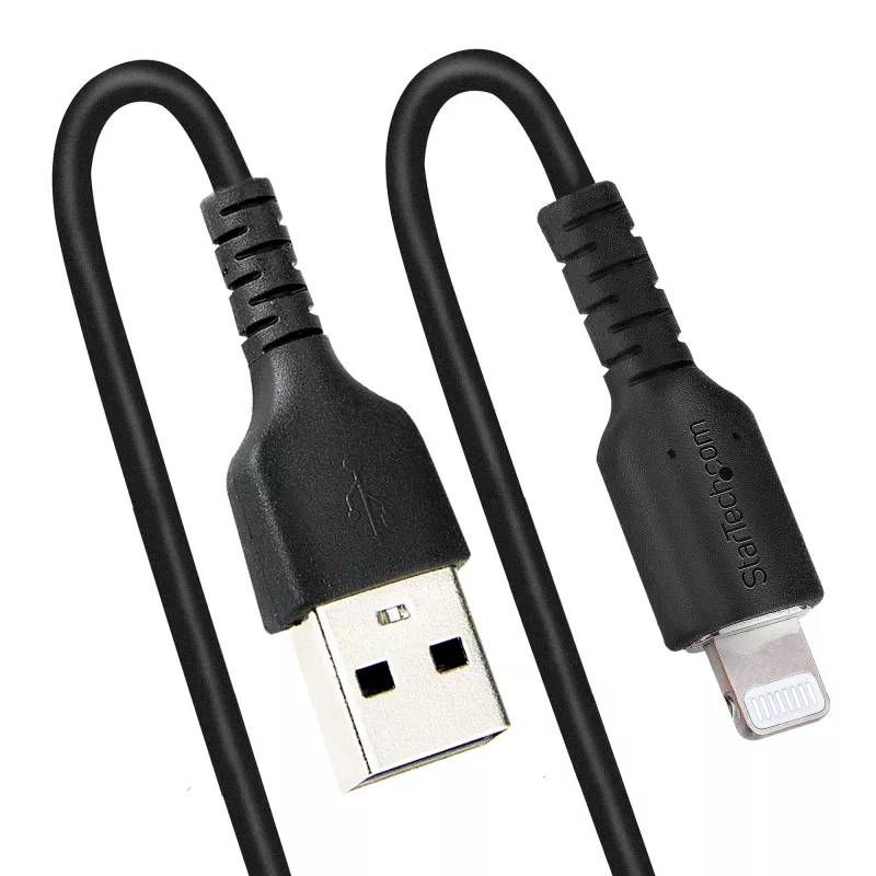 StarTech.com 1m (3ft) USB na Lightning kábel, MFi certifikovaný, špirálový nabíjací kábel pre iPhone, čierny, odolný TPE plášť aramidové vlákno, robustný špirálový kábel Lightning