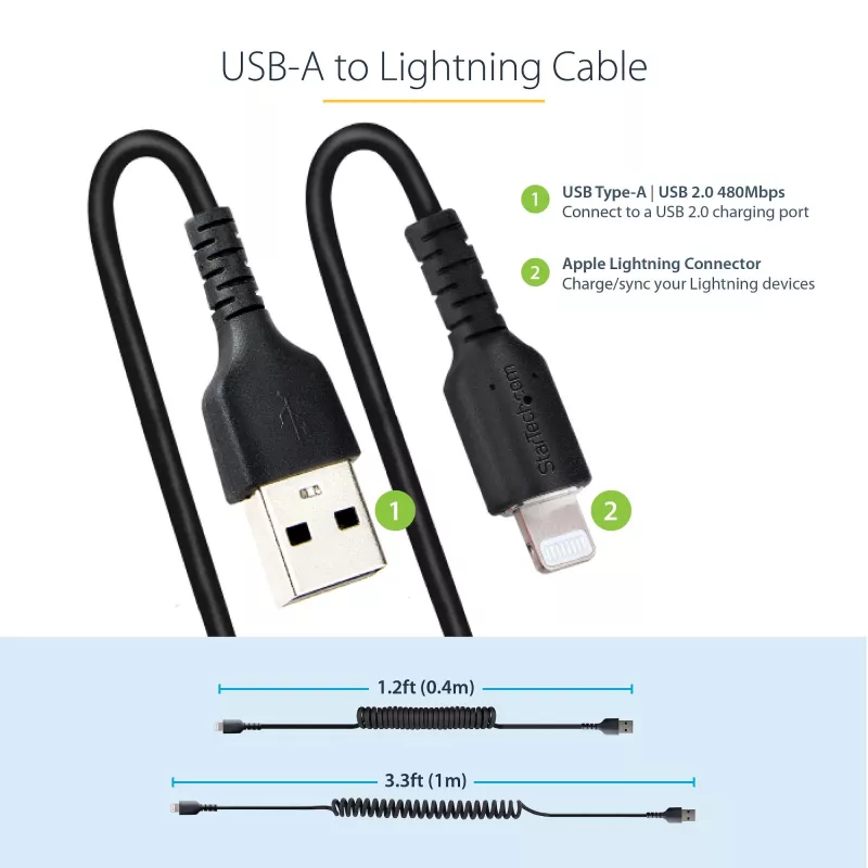 StarTech.com 1m (3ft) USB na Lightning kábel, MFi certifikovaný, špirálový nabíjací kábel pre iPhone, čierny, odolný TPE plášť aramidové vlákno, robustný špirálový kábel Lightning