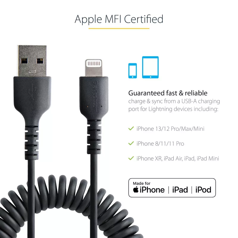 StarTech.com 1m (3ft) USB na Lightning kábel, MFi certifikovaný, špirálový nabíjací kábel pre iPhone, čierny, odolný TPE plášť aramidové vlákno, robustný špirálový kábel Lightning