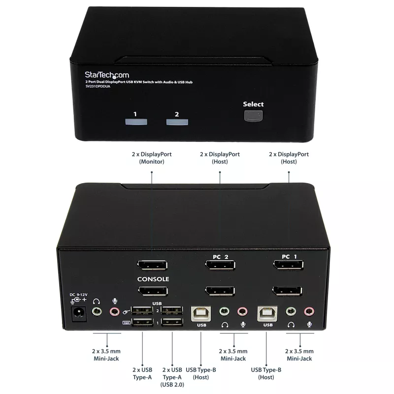 StarTech.com 2-portový Dual DisplayPort USB KVM prepínač s audio a USB 2.0 hubom