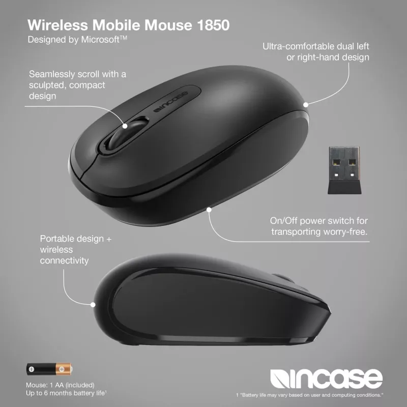 Incase Designed by Microsoft Wireless Mobile 1850 myš cestovná obojručná RF Wireless optická