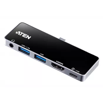 ATEN USB-C cestovný dock s prechodom napájania, univerzálny, USB Type-C, čierna, strieborná