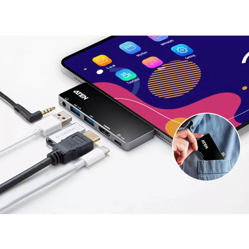 ATEN USB-C cestovný dock s prechodom napájania, univerzálny, USB Type-C, čierna, strieborná