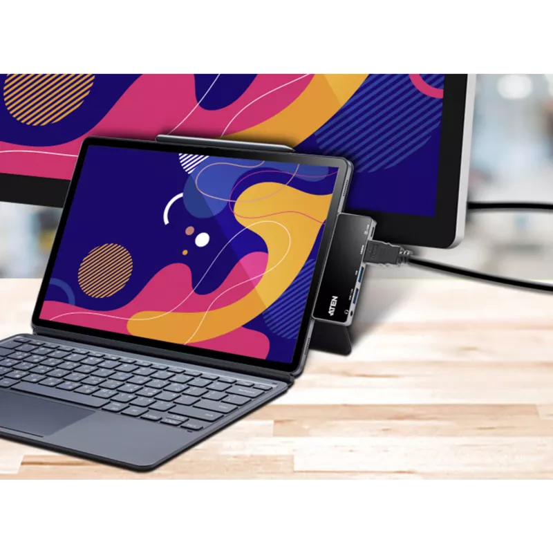 ATEN USB-C cestovný dock s prechodom napájania, univerzálny, USB Type-C, čierna, strieborná