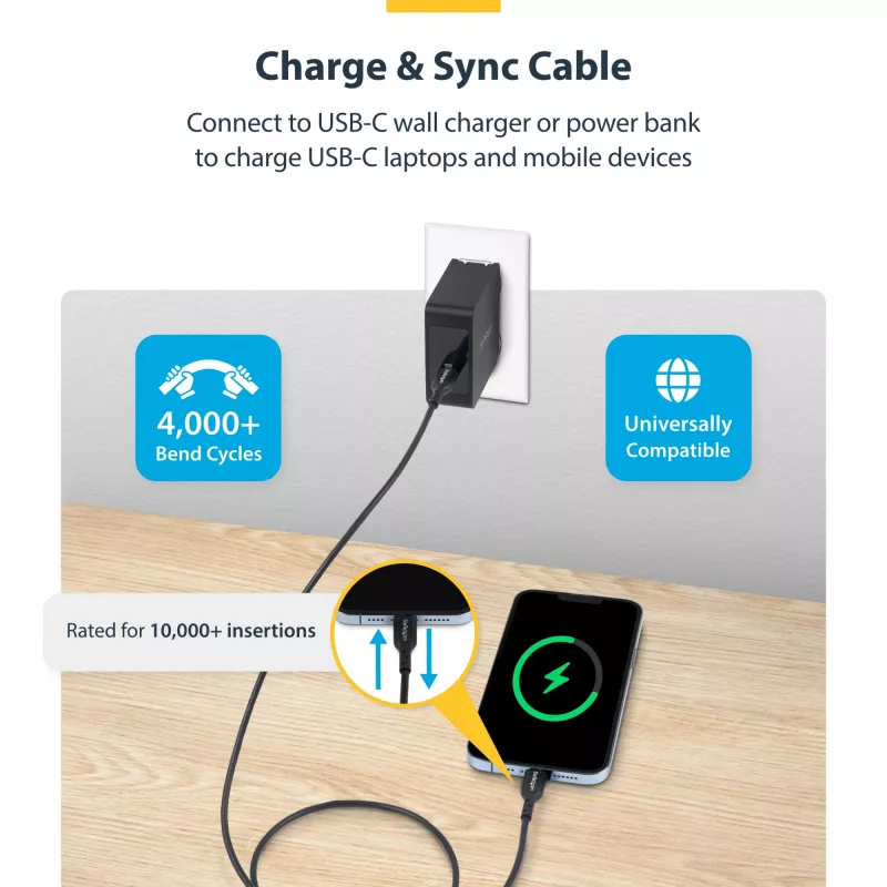 StarTech.com 4m USB-C nabíjací kábel, nabíjanie a synchronizácia, 60W (3A) PD, USB 2.0 kábel na nabíjanie notebooku, TPE plášť – čierny USB-C nabíjací kábel