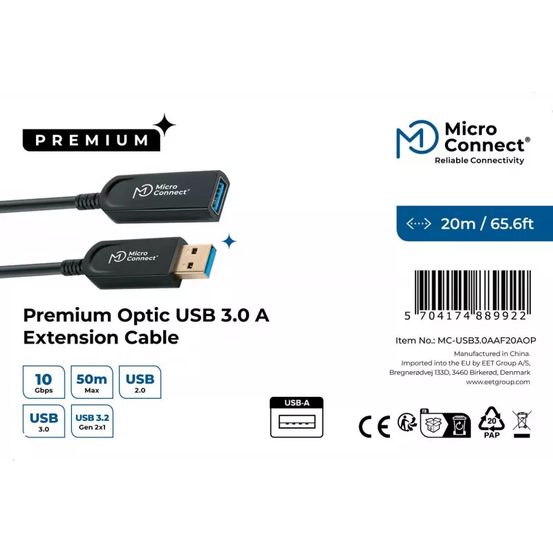 Microconnect USB3.0AAF20AOP USB kábel USB 3.2 Gen 1 (3.1 Gen 1) 20 m USB A čierny