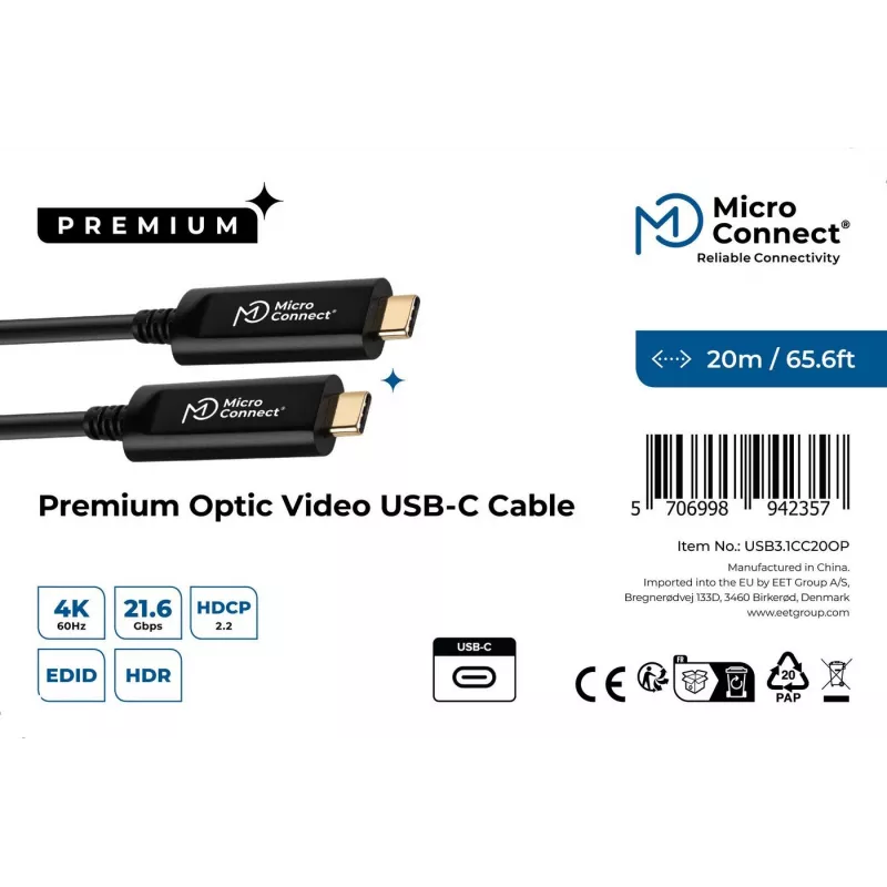 Microconnect USB3.1CC20OP USB kábel USB 3.2 Gen 2 (3.1 Gen 2) 20 m USB C čierny