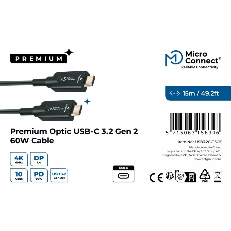 USB kábel Microconnect USB3.2CC15OP 15 m USB-C čierny 10 Gbit/s