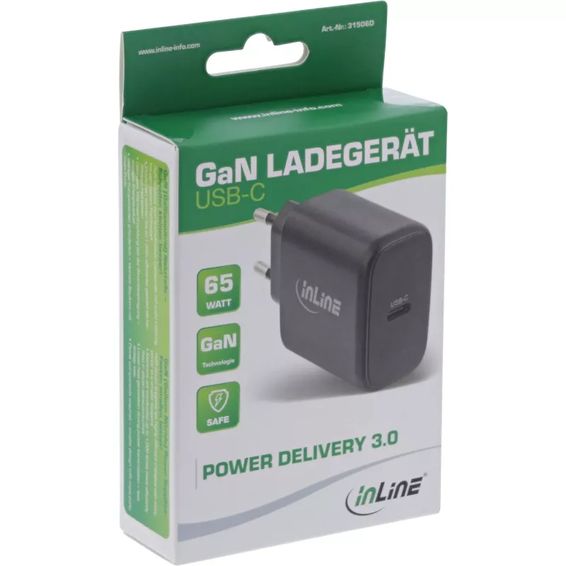 InLine USB PD napájací zdroj, GaN nabíjačka, jeden USB-C, Power Delivery, 65 W