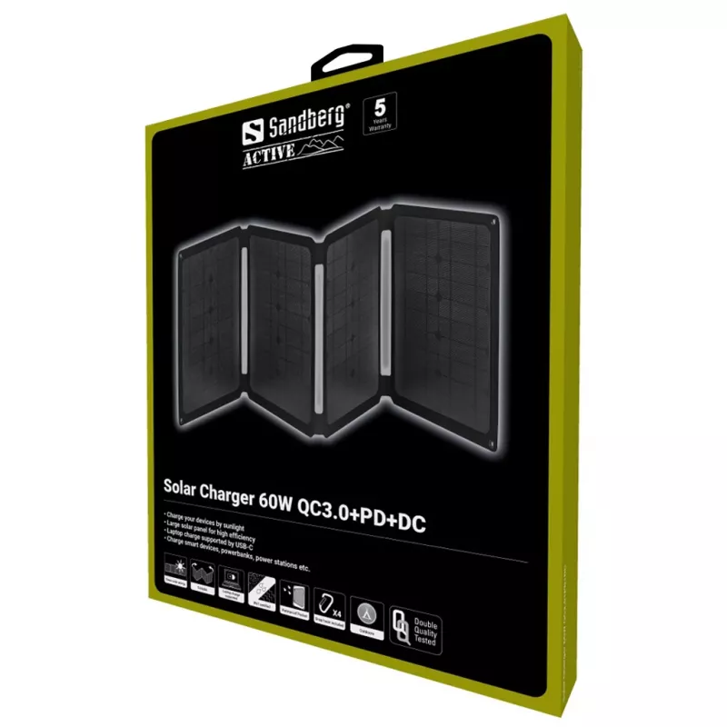 Sandberg solárna nabíjačka 60W QC3.0+PD+DC monokryštalická čierna