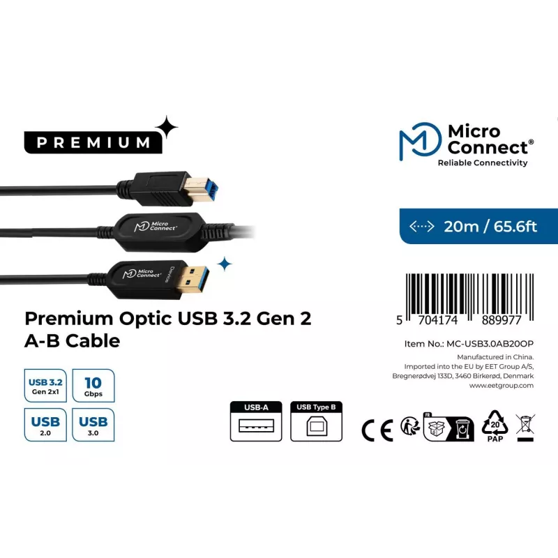 Microconnect MC-USB3.0AB20OP USB kábel USB 3.2 Gen 2 (3.1 Gen 2) 20 m USB A USB B čierny