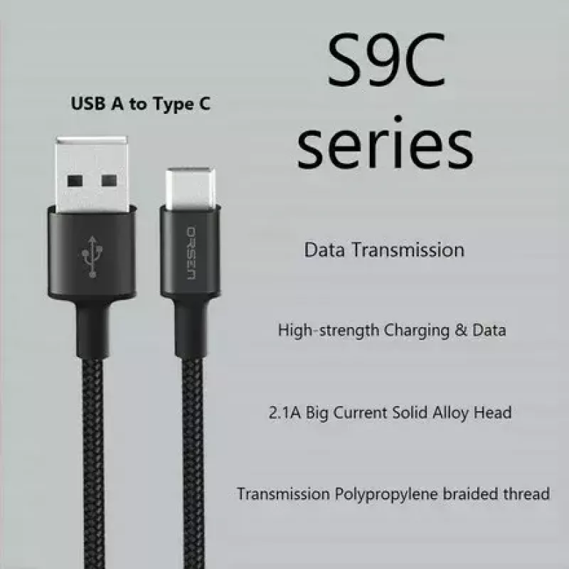 USB-A na USB-C kábel Orsen S9C 1 m, 2,1 A, čierny