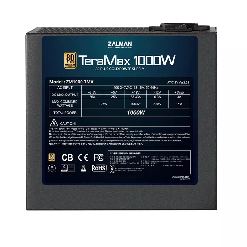 Zdroj Zalman ZM1200-TMX 1200 W, 80 PLUS Gold, aktívny PFC, 120 mm ventilátor