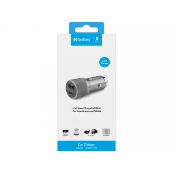 Sandberg autonabíjačka 1xQC3.0+1xUSB-C 48W, auto, zapaľovač, 12 V, metalická
