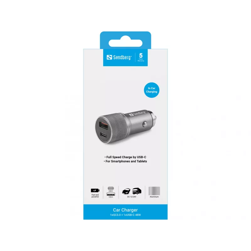 Sandberg autonabíjačka 1xQC3.0+1xUSB-C 48W, auto, zapaľovač, 12 V, metalická