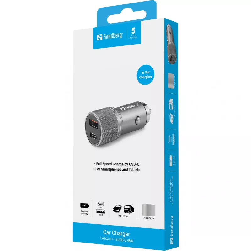 Sandberg autonabíjačka 1xQC3.0+1xUSB-C 48W, auto, zapaľovač, 12 V, metalická