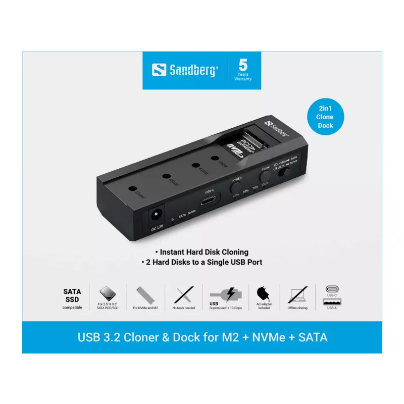 Sandberg USB 3.2 klonovač a dock pre M2 + NVMe + SATA