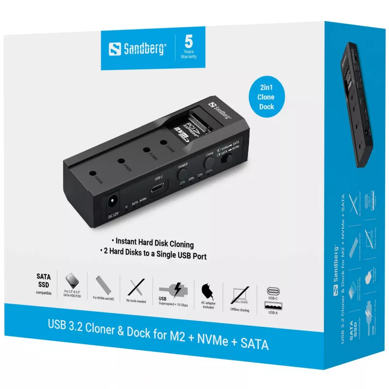 Sandberg USB 3.2 klonovač a dock pre M2 + NVMe + SATA