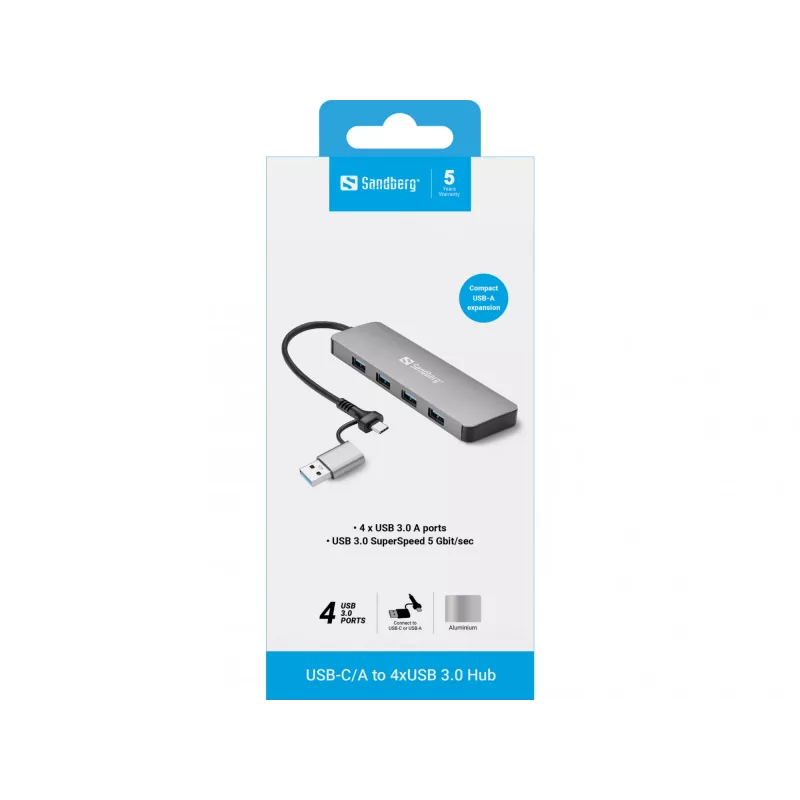 Sandberg USB-C/A na 4xUSB 3.0 hub hliník 5000 Mbit/s