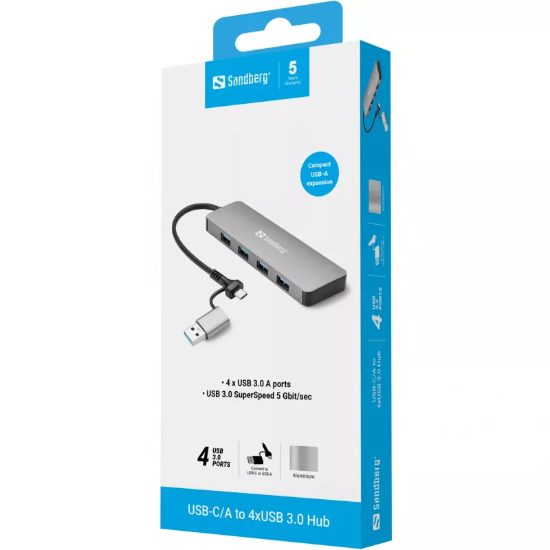 Sandberg USB-C/A na 4xUSB 3.0 hub hliník 5000 Mbit/s