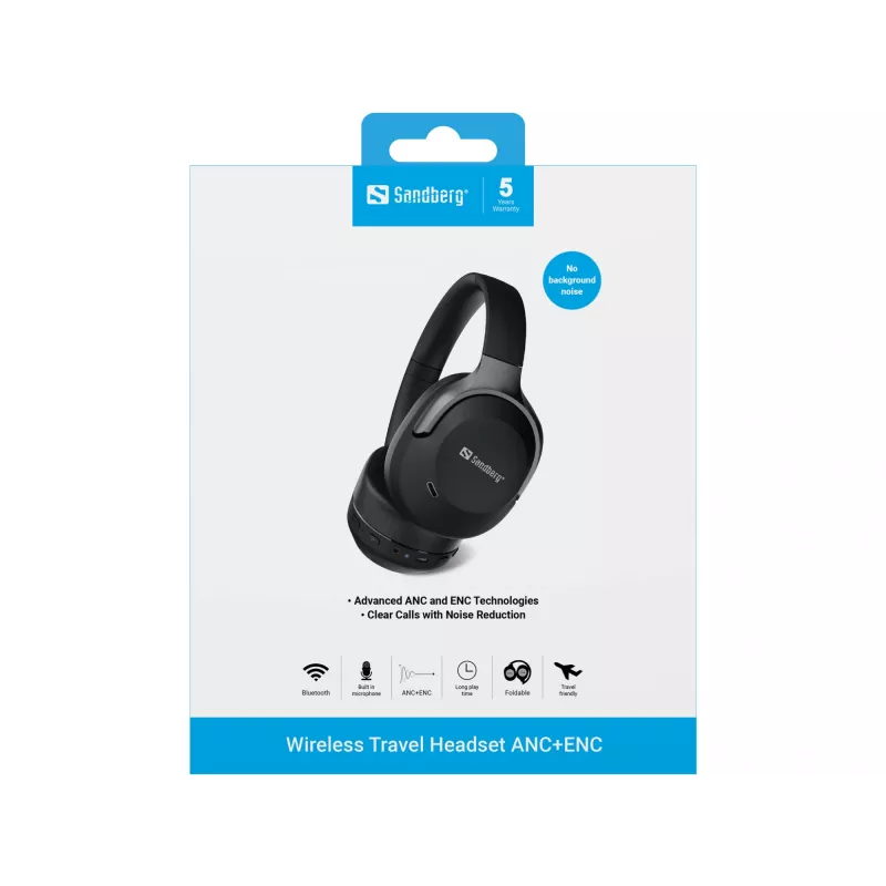 Sandberg Wireless Travel Headset ANC+ENC, bezdrôtový, hovory/hudba, 228 g, headset, čierny