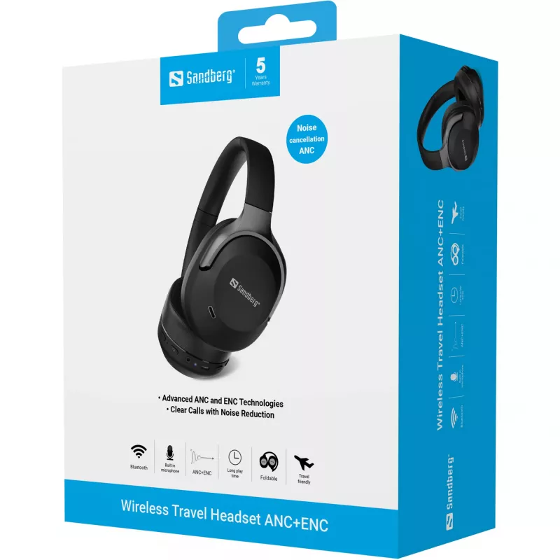 Sandberg Wireless Travel Headset ANC+ENC, bezdrôtový, hovory/hudba, 228 g, headset, čierny