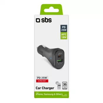 Auto nabíjačka SBS Mobile TECRPD25W — zapaľovač, 12–24 V, 1×USB-A, 1×USB-C, rýchle nabíjanie, čierna