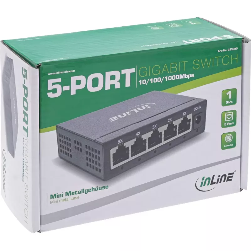 InLine Gigabit sieťový switch 5-portový, 1 Gb/s, desktop, kovové puzdro, bez ventilátora