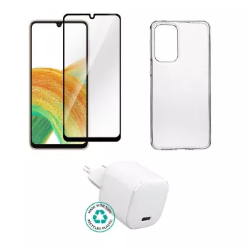 Sada interiérovej napájacej nabíjačky eSTUFF ES-KIT-SAMGALA335G pre Samsung Galaxy A33, kompatibilná s mobilnými telefónmi, transparentná/biela, 0,094 kg