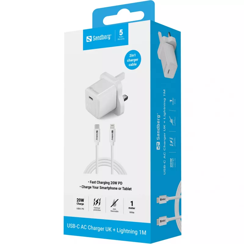 USB-C nabíjačka SANDBERG 441-64 20W UK konektor – rýchle nabíjanie s USB Power Delivery