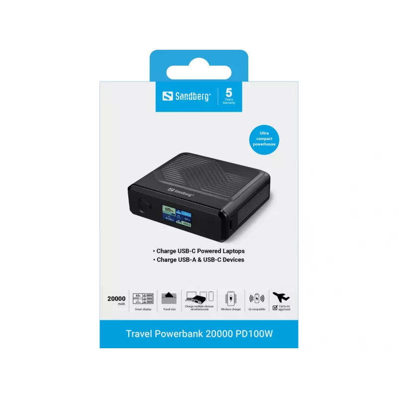 Prenosná nabíjačka Sandberg Travel Powerbank 20000 PD100W, 20000 mAh