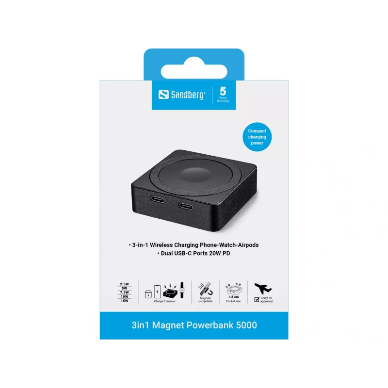 Prenosná batéria Sandberg 3in1 Magnet Powerbank 5000, 5000 mAh