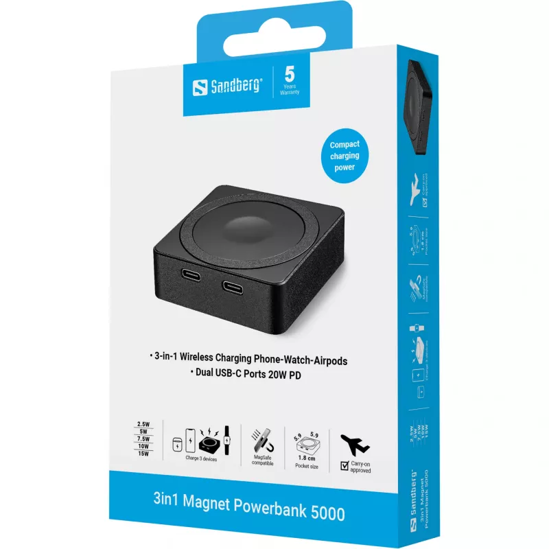 Prenosná batéria Sandberg 3in1 Magnet Powerbank 5000, 5000 mAh