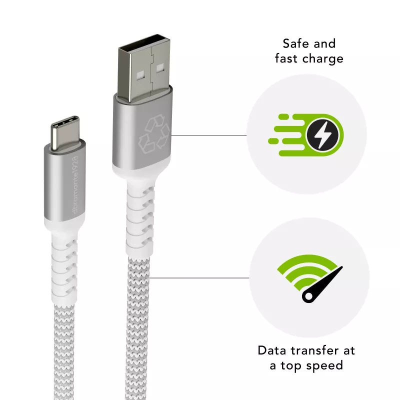 USB-A na USB-C dátový kábel dbramante re-charge Pro BRD kábel 2,5 m, USB 2.0, biely